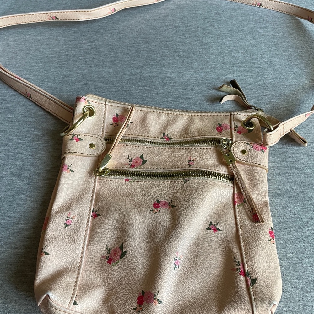 Women's Beige Floral Crossbody Bag with Gold Hardware